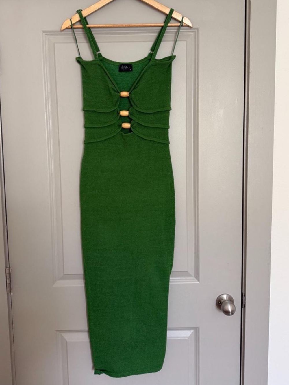 Green Ribbed Bodycon Midi Dress with Front Ring Details